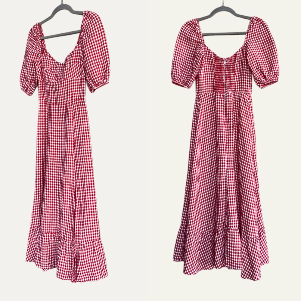 REFORMATION Red Gingham Check Puff Sleeve Cottagecore Linen Belgium Midi Dress - Picture 4 of 16
